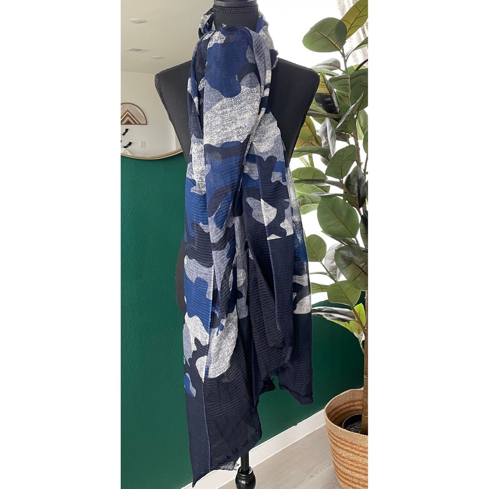 Blue Camo Sheer Scarf Lightweight Shawl Gorpcore Streetwear Statement Fall Wrap - Picture 2 of 8